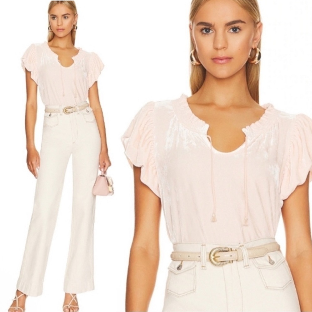 NWT FREE PEOPLE VELVET PINK RUFFLE TIE NECK TOP